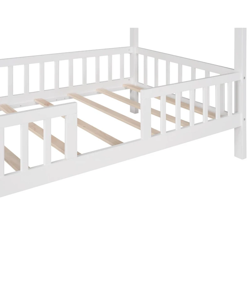 Streamdale Furniture Twin Wood House Bed with Fence, White+Gray
