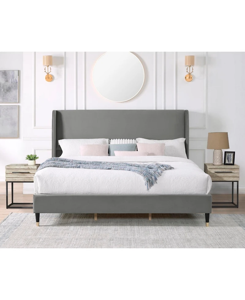 Streamdale Rozitta Gray Velvet Wingback Platform Bed, King