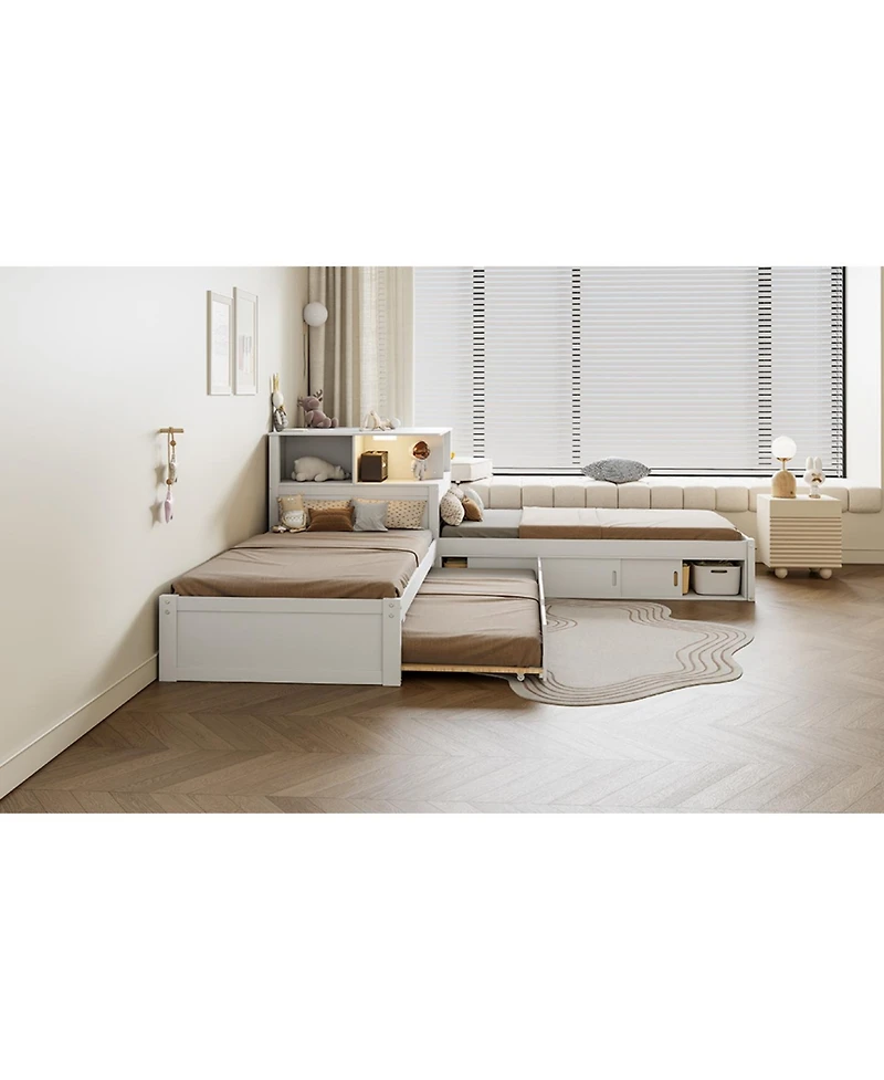 Streamdale Twin L-Shaped Platform Bed with Storage, Desk, Trundle & Led