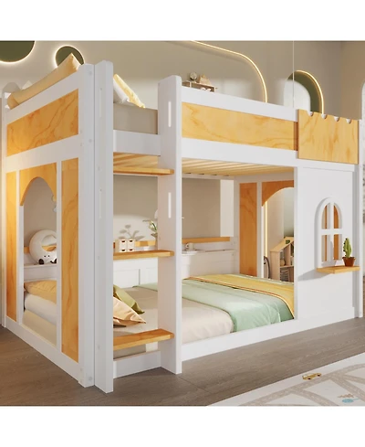 Streamdale Furniture Twin Bunk Bed with Storage, Window, Doors, White+Natural