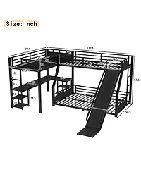 Streamdale Furniture L-Shaped Metal Bunk Bed with Twin Loft, Desk, Storage, and Slide (Black)