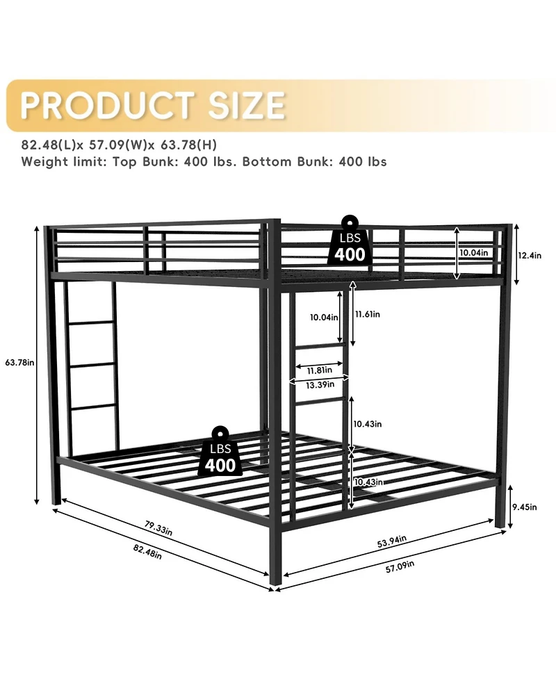 Streamdale Furniture Multi-Functional Square Tube Iron Bunk Bed, Full-Size Upper/Lower, Robust Metal Frame