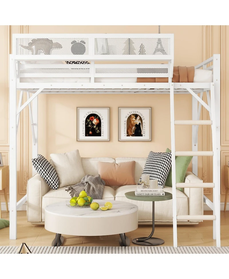 Streamdale Furniture Queen Size Loft Bed with Ladder and Storage Shelves, White