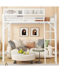Streamdale Furniture Queen Size Loft Bed with Ladder and Storage Shelves, White