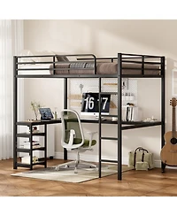 Streamdale Furniture Full Size Loft Bed with Desk & Shelves, Heavy Duty Metal Frame, Black