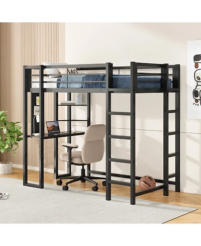 Streamdale Furniture Loft Bed with Desk, Metal Twin Size Loft Bed Frame, Black Bedroom Bed Frame