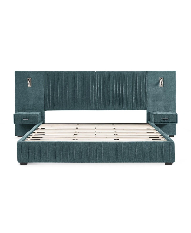Streamdale King Size Upholstered Bed Frame with Chenille, Pleated Design, No Box Spring Needed-Blue-Green