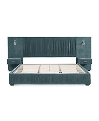 Streamdale King Size Upholstered Bed Frame with Chenille, Pleated Design, No Box Spring Needed-Blue-Green