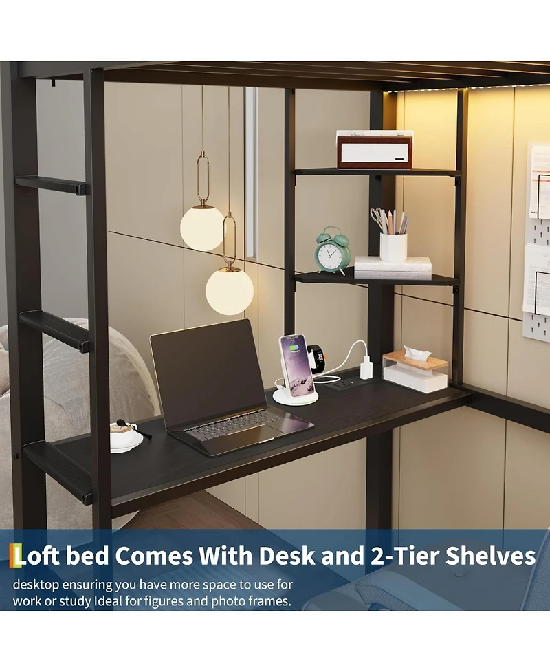 gaomon Twin Loft Bed with Desk, 4 Fabric Drawers & 2 Shelves, Metal Led Lights, Usb Charging Station, Safety Guardrail Ladder