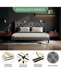gaomon Upholstered Bed Frame with Deep Button Tufted Headboard, Wood Slats, Storage Shelf & Charging Station