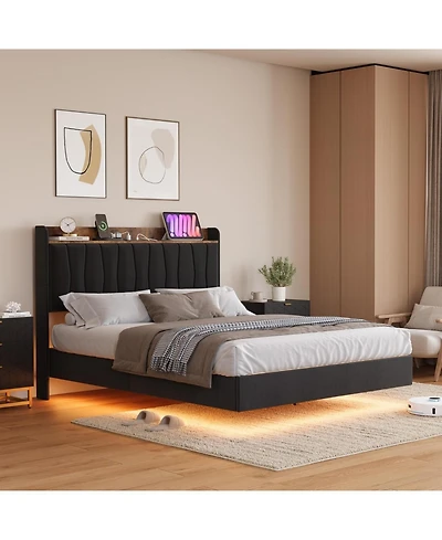 gaomon Floating Bed Frame with Led Lights & Usb Charging – Modern Upholstered Platform Headboard, Solid Wood Slats, No Box Spring