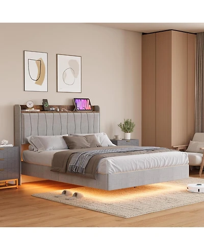 gaomon Floating Bed Frame with Led Lights & Usb Charging – Modern Upholstered Platform Headboard, Solid Wood Slats, No Box Spring