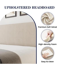 gaomon Bed Frame with Wingback Headboard – Elegant Vertical Stripe Velvet Upholstered 2 Storage Pockets