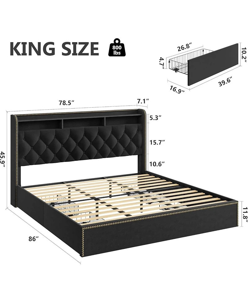 gaomon Velvet King Size Bed Frame with 4 Storage Drawers, Tufted Headboard, Nailhead Trim – Platform Bed