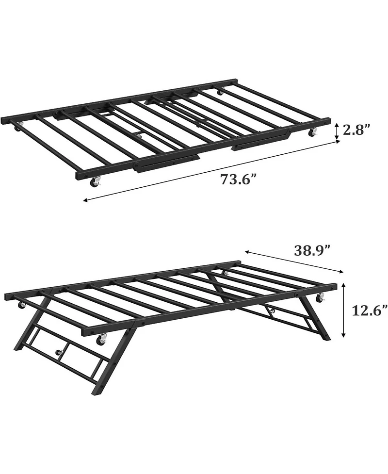 gaomon Twin Size Pop Up Trundle Bed Frame, Foldable Metal Platform, Lockable Casters, Black