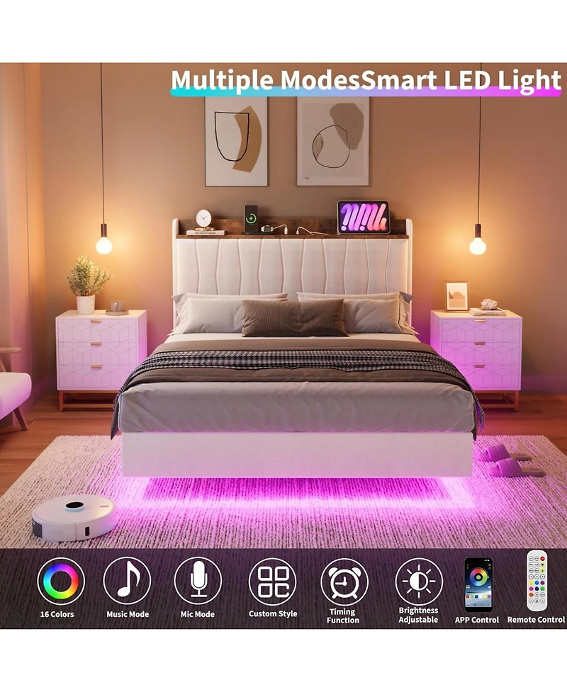 gaomon Full Size Floating Bed Frame with Rgb Led Lights, Usb Charging Station, Upholstered, No Box Spring Needed, White