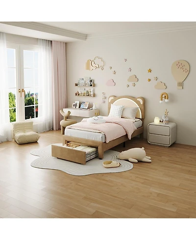 gaomon Twin Kids Upholstered Platform Bed Frame with Adjustable Headboard, Drawer, Led Light, Wood Slats, No Box Spring, Coffee