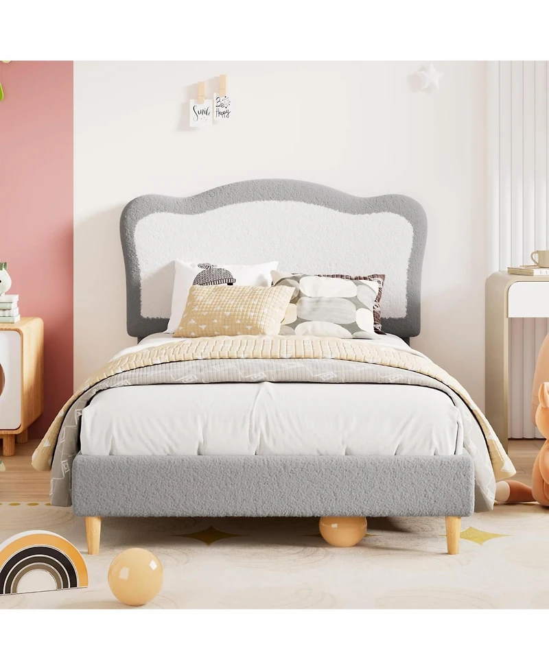 gaomon Twin Size Kids Upholstered Bed Frame with Scallop Velvet Headboard, Sturdy Slats, Noise-Free, Grey & White