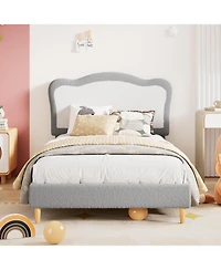 gaomon Twin Size Kids Upholstered Bed Frame with Scallop Velvet Headboard, Sturdy Slats, Noise-Free, Grey & White