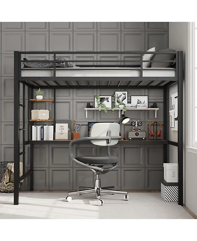 gaomon Twin Size Loft Bed with Large Desk, Storage Shelves, Stairs & Safety Guardrail, Space Saving, Black & Brown