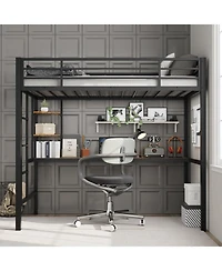 gaomon Twin Size Loft Bed with Large Desk, Storage Shelves, Stairs & Safety Guardrail, Space Saving, Black & Brown