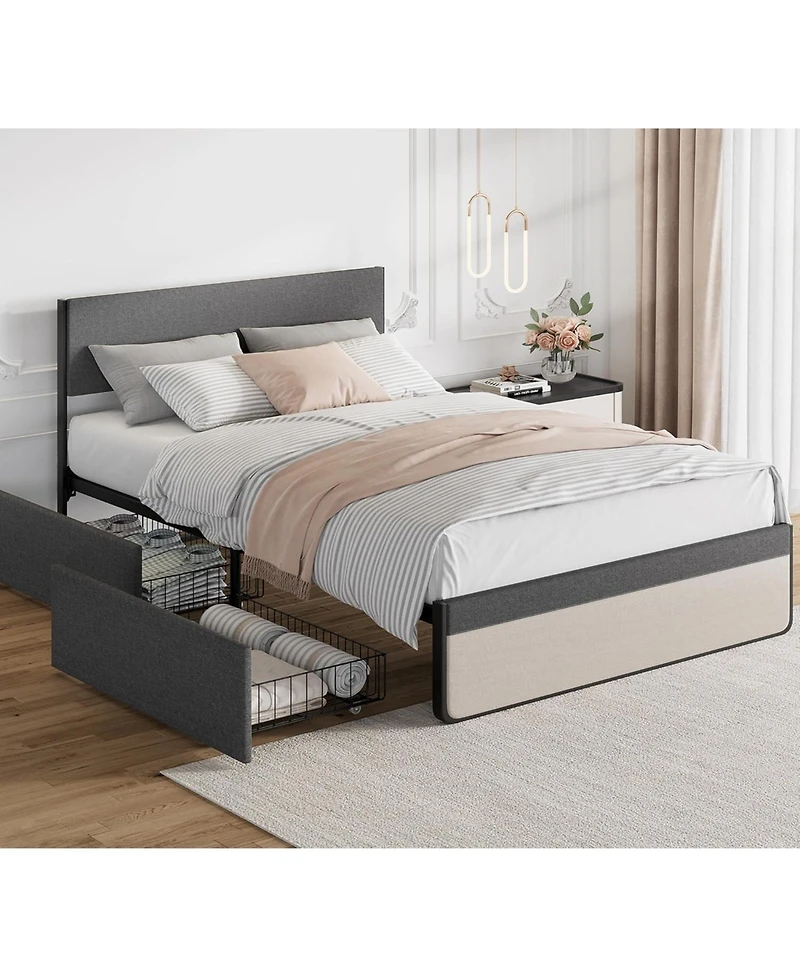 gaomon Queen Upholstered Bed Frame with Headboard Storage Platform 2 Drawers Footboard Steel Slats No Box Spring