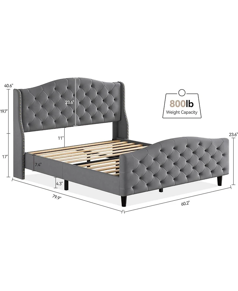 gaomon Queen Bed Velvet Frame with Wingback Headboard Nailhead Trim Sleigh Platform Wooden Slats