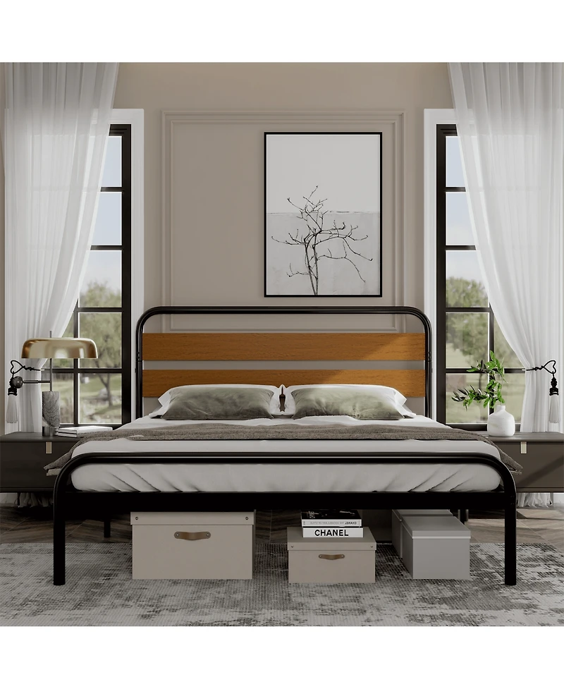 gaomon King Size Metal Platform Bed Frame with Wooden Headboard Heavy Duty Noise-Free Underbed Storage Rustic Light Brown