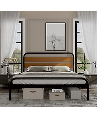 gaomon King Size Metal Platform Bed Frame with Wooden Headboard Heavy Duty Noise-Free Underbed Storage Rustic Light Brown