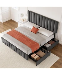 gaomon Full Linen Upholstered Platform Bed Frame 4 Storage Drawers Adjustable Headboard Wooden Slats