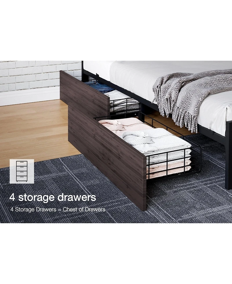 Gaomon Full Bed Frame with Headboard Industrial Platform Charging Station 4 Storage Drawers Metal Slats Dark Grey