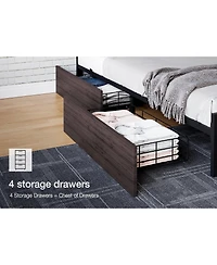 Gaomon Full Bed Frame with Headboard Industrial Platform Charging Station 4 Storage Drawers Metal Slats Dark Grey