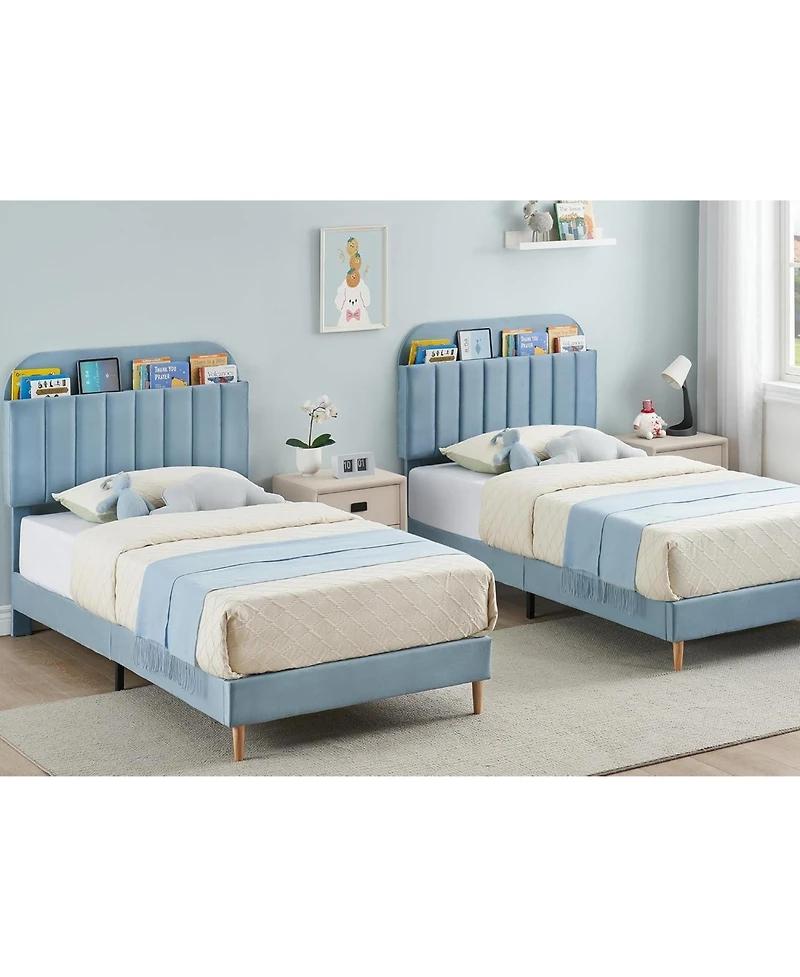 gaomon Velvet Upholstered Twin Bed Frame with Storage Headboard, Wooden Slats, Noise Free, Easy Assembly – Platform Bed for Boys