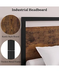 gaomon King Size Metal Bed Frame Wood Headboard Footboard 12in High Underbed Storage No Box Spring Rustic Brown