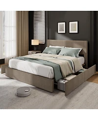 gaomon Queen Size Bed Frame Corduroy Tufted Wingback Headboard Platform with 4 Storage Drawers Wood Slats No Box Spring Brown