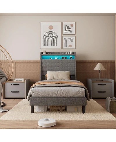 Twin Size Upholstered Platform Bed Frame with Headboard Charging Station Led Lights Wooden Slats No Box Spring Grey