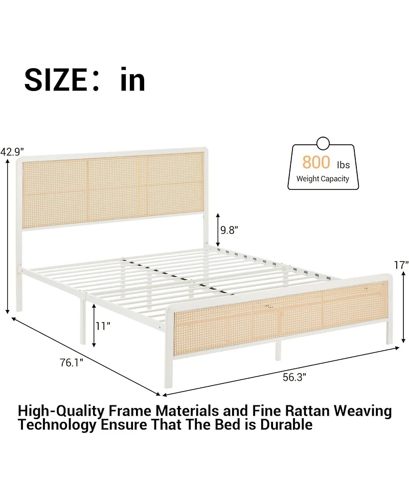 gaomon Full Size Iron Bed Frame with Rattan Headboard Rgb Led Lights Easy Assembly Platform Bed