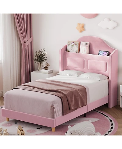 gaomon Velvet Upholstered Led Lights Wingback Headboard & Storage Platform Bed Frame