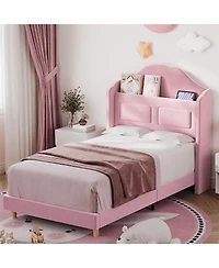 gaomon Velvet Upholstered Led Lights Wingback Headboard & Storage Platform Bed Frame