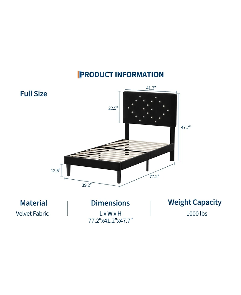 Gaomon Full Size Velvet Bed Frames with Headboard,Upholstered Platform Bedframe with Wood Slats,Solid and Stable