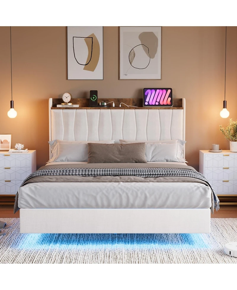 Gaomon Floating Bed Frame Queen with Led Lights & Usb Charging Station – Modern Upholstered Platform Bed with Headboard