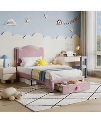 Gaomon Upholstered Twin Bed Frame with Storage Drawer & Scallop Headboard