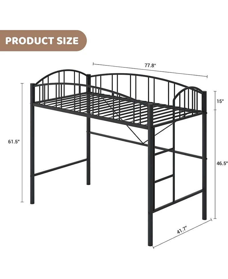 Gaomon Twin Metal Loft Bed with Arched Guardrails & Safety Ladder, Space-Saving Heavy-Duty Steel Frame, No Box Spring Required