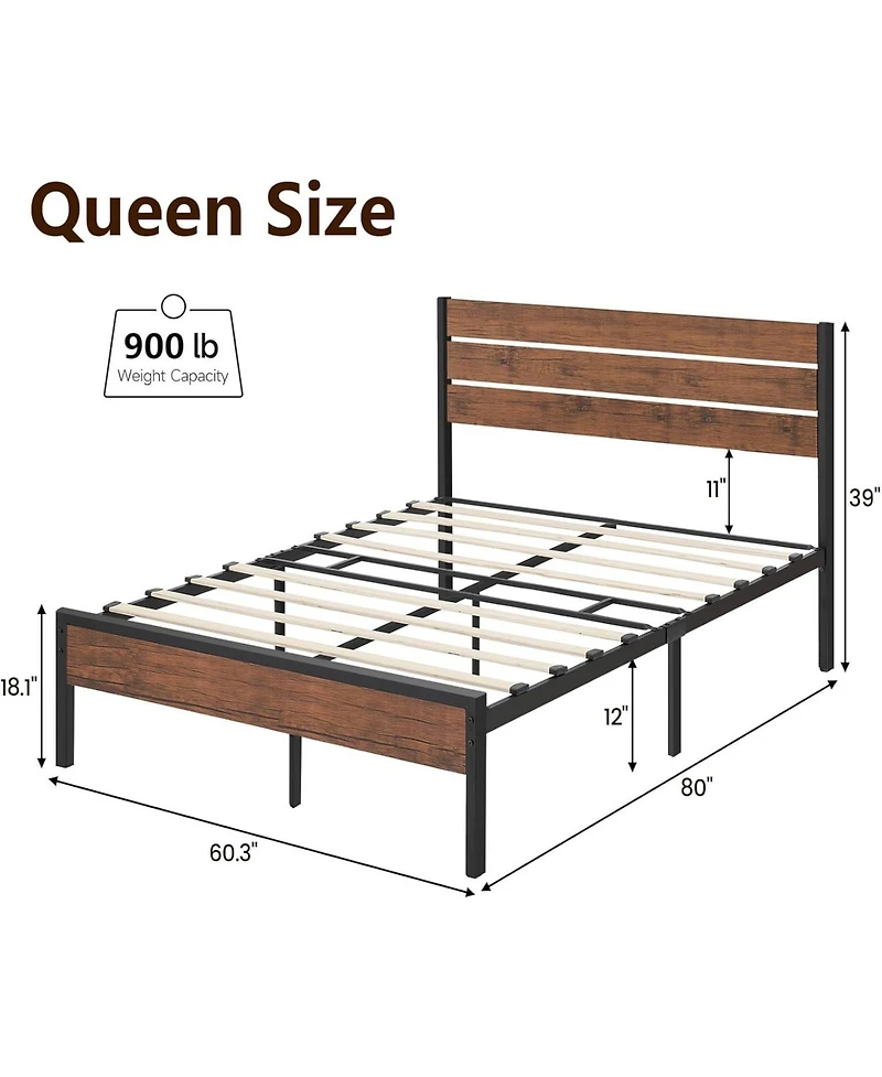 gaomon Farmhouse Bed Frame with Wooden Headboard and Footboard, Metal Platform with Slats, Noise-Free, Easy Assembly, Underbed Storage