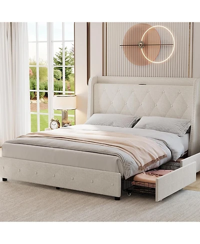 gaomon Upholstered Bed Frame with 4 Storage Drawers, Headboard and Storage, Platform Bed Frame with Charging Station & Wingback, No Box Spring Needed