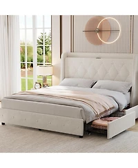 gaomon Upholstered Bed Frame with 4 Storage Drawers, Headboard and Storage, Platform Bed Frame with Charging Station & Wingback, No Box Spring Needed