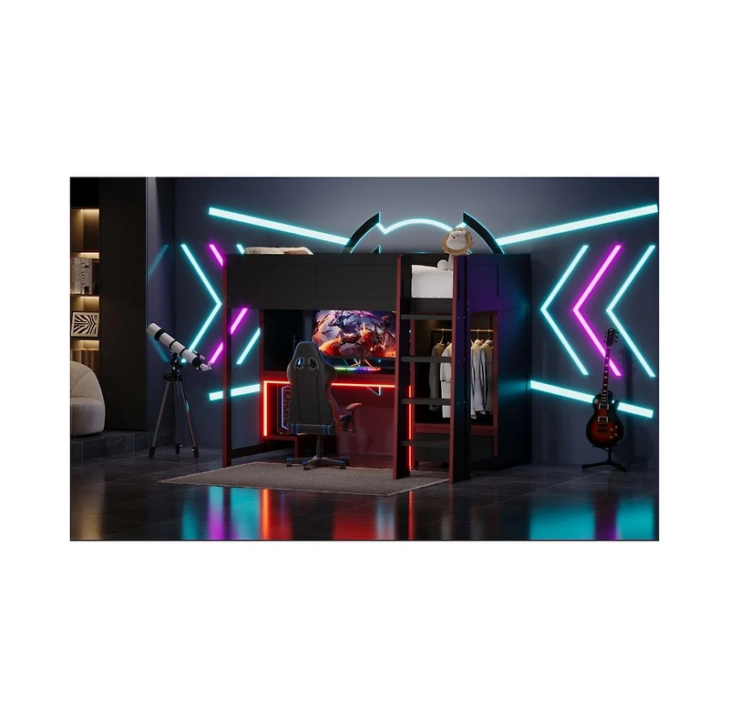 Flynama Black Wood Twin Size Loft Bed with BuiltIn Desk Wardrobe and Storage Drawer Led Lighting Space Saving Furniture for Kids and Teens Bedrooms