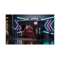 Flynama Black Wood Twin Size Loft Bed with BuiltIn Desk Wardrobe and Storage Drawer Led Lighting Space Saving Furniture for Kids and Teens Bedrooms