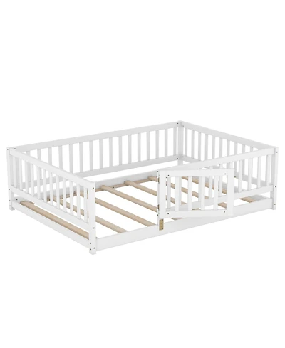 Cesicia Pine Wood Full Size Floor Bed with Slats, Fence and Door, Montessori Floor Bed for Kids, Girls, Boys