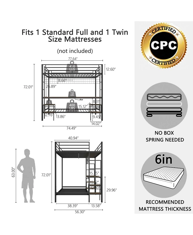 Streamdale Furniture Streamdale Ethan Full Over Twin Bunk Bed with Desk, Charging Station & Storage, Black/Cinnamon Oak